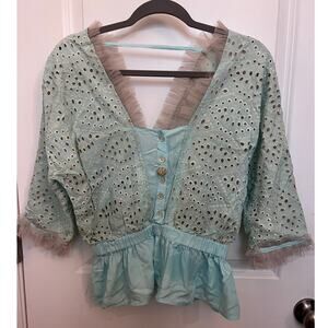 Aratta Silent Journey Boho Eyelet Peplum Top M Tulle Ruffle Trim whimsical Fairy